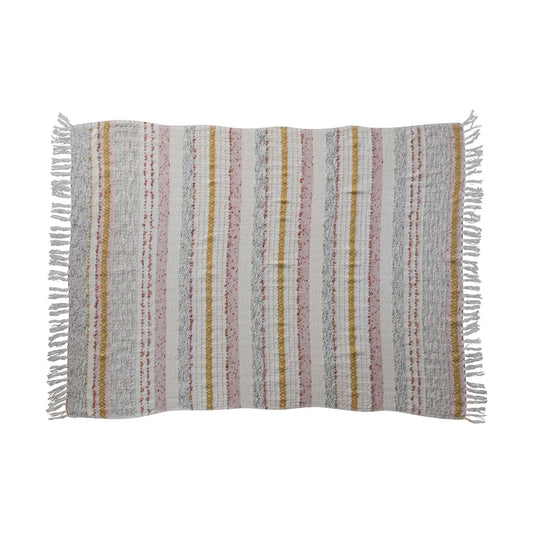 Woven Cotton Blend Throw w/ Stripes, Embroidery & Fringe
