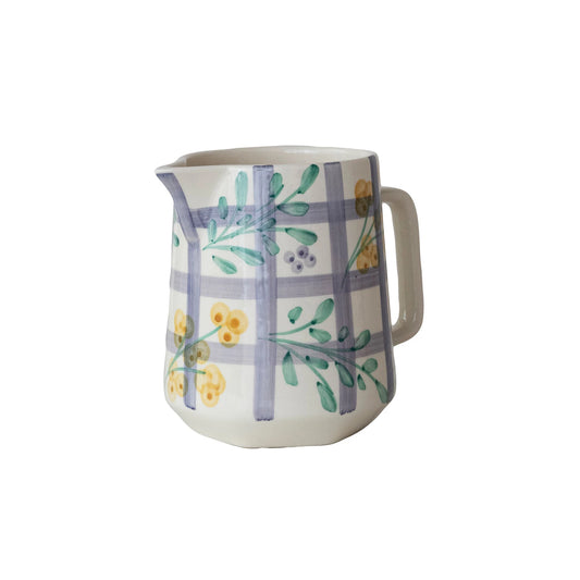 Hand-Painted Stoneware Pitcher with Grid Pattern