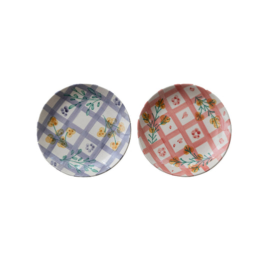 Hand-Painted Stoneware Plate with Grid Pattern