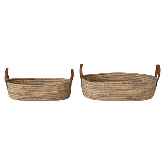 Hand-Woven Seagrass & Water Hyacinth Baskets with Faux Leather Handles