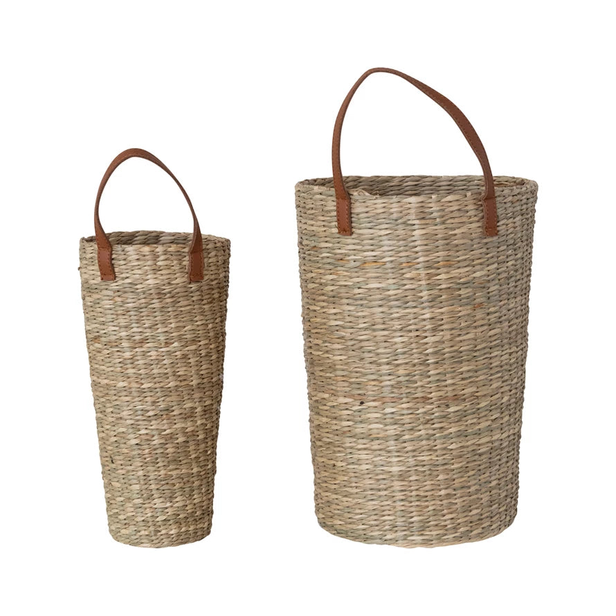 Hand-Woven Seagrass Baskets with Faux Leather Handle