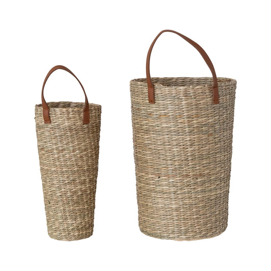 Hand-Woven Seagrass Baskets with Faux Leather Handle