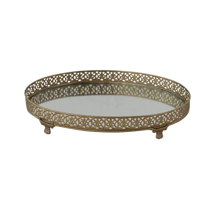 Oval Metal Filigree Footed Tray with Mirror