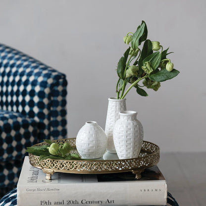 Oval Metal Filigree Footed Tray with Mirror