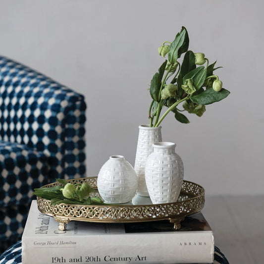 Oval Metal Filigree Footed Tray with Mirror