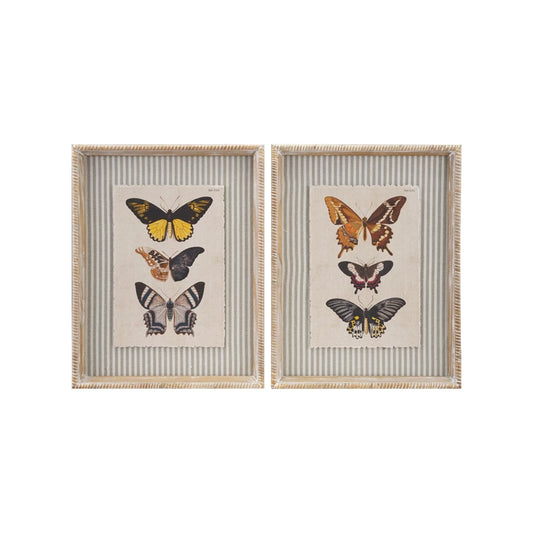 Wood Framed Wall Decor with Butterflies & Striped Mat