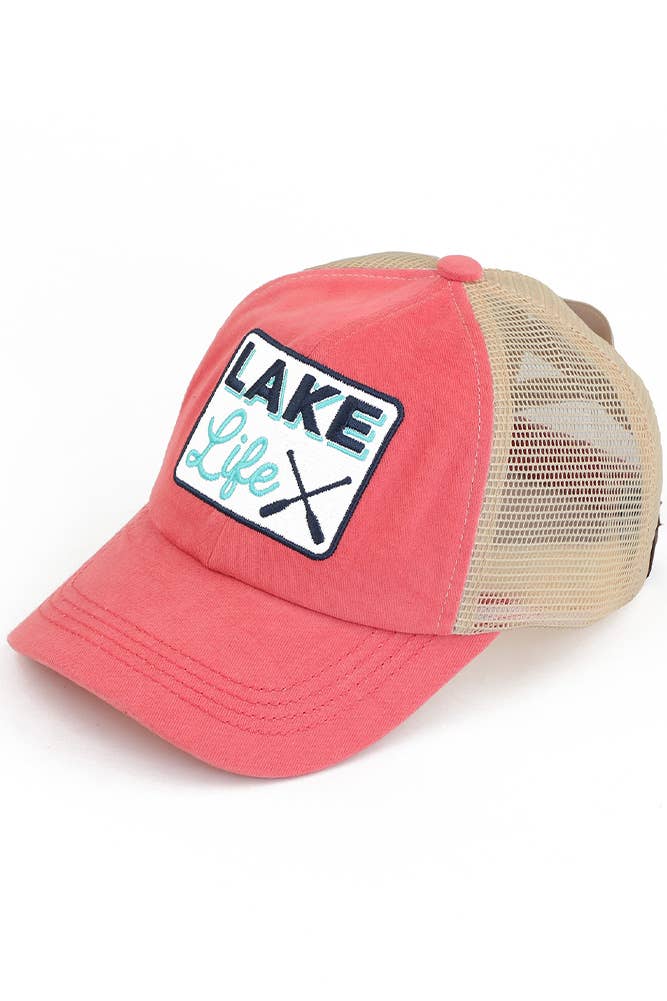 C.C White LAKE LIFE Patch Criss-Cross Pony Cap