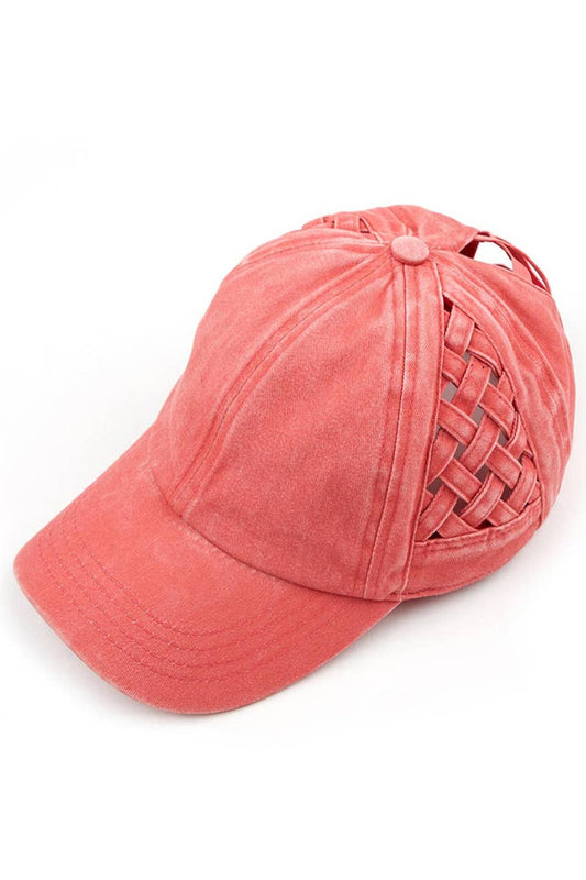 C.C Coral Basket Weave Criss-Cross Ponytail Baseball Cap