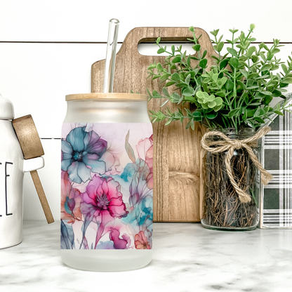 16oz Wildflower Watercolor Glass Cup with Bamboo Lid
