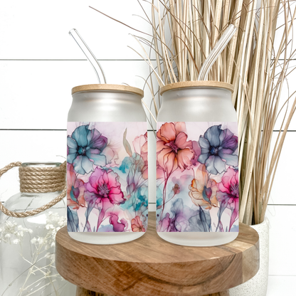 16oz Wildflower Watercolor Glass Cup with Bamboo Lid