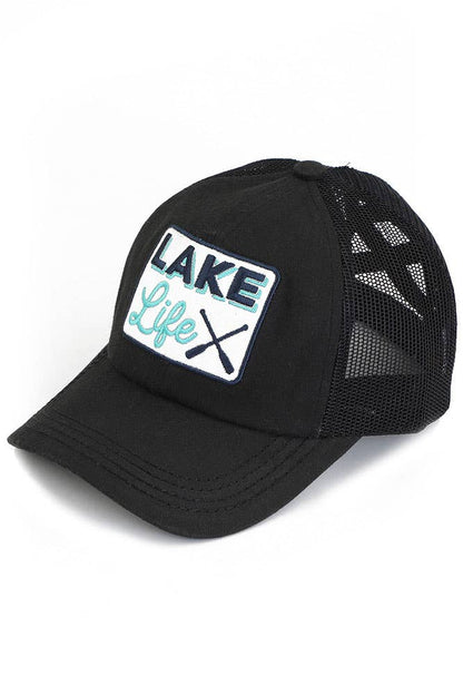 C.C White LAKE LIFE Patch Criss-Cross Pony Cap