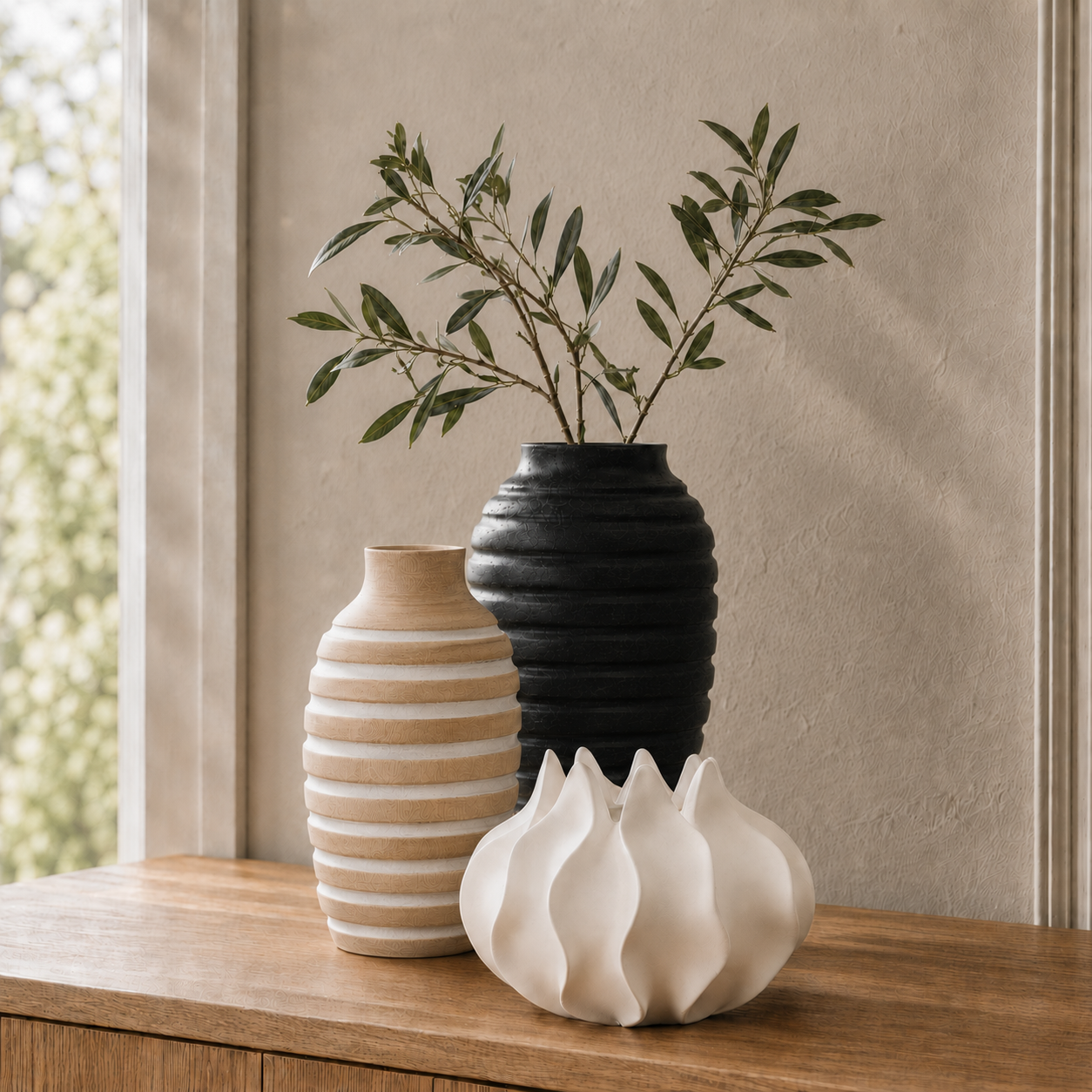 Antique White Wood Ribbed Vase
