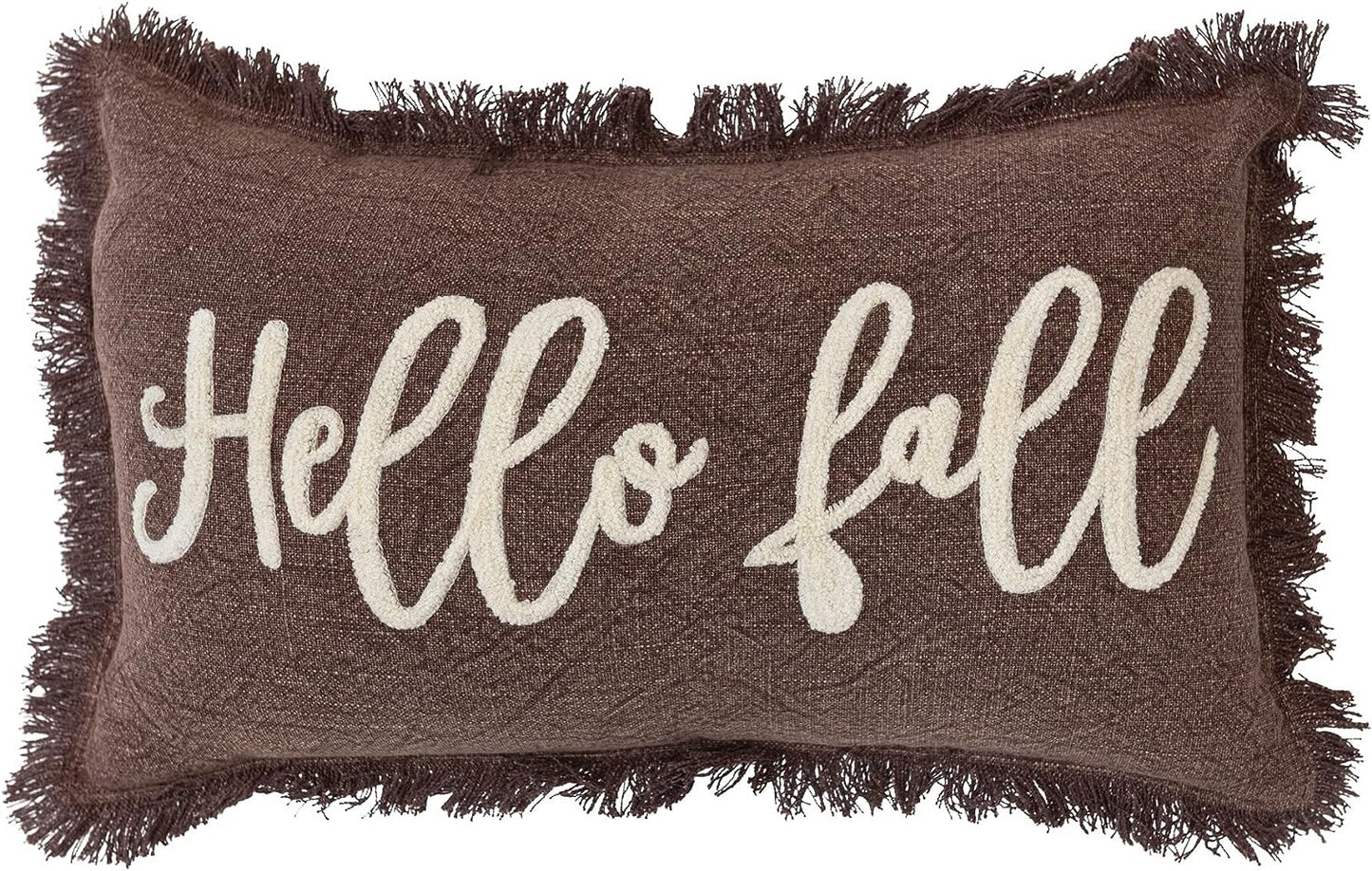 Stonewashed Cotton Tufted Lumbar Pillow w/ Fringe "Hello Fall"