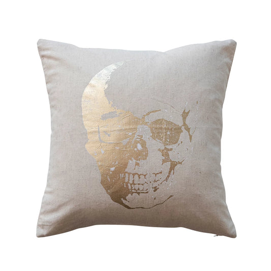 18" Square Cotton Printed Pillow w/ Skeleton Head & Gold Foil