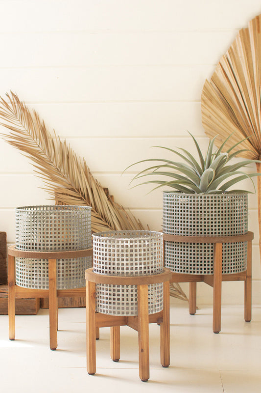 Woven Metal Planters with Wood Stands