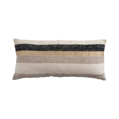 Woven Wool Blend Lumbar Pillow with Gold Metallic Thread & Stripes