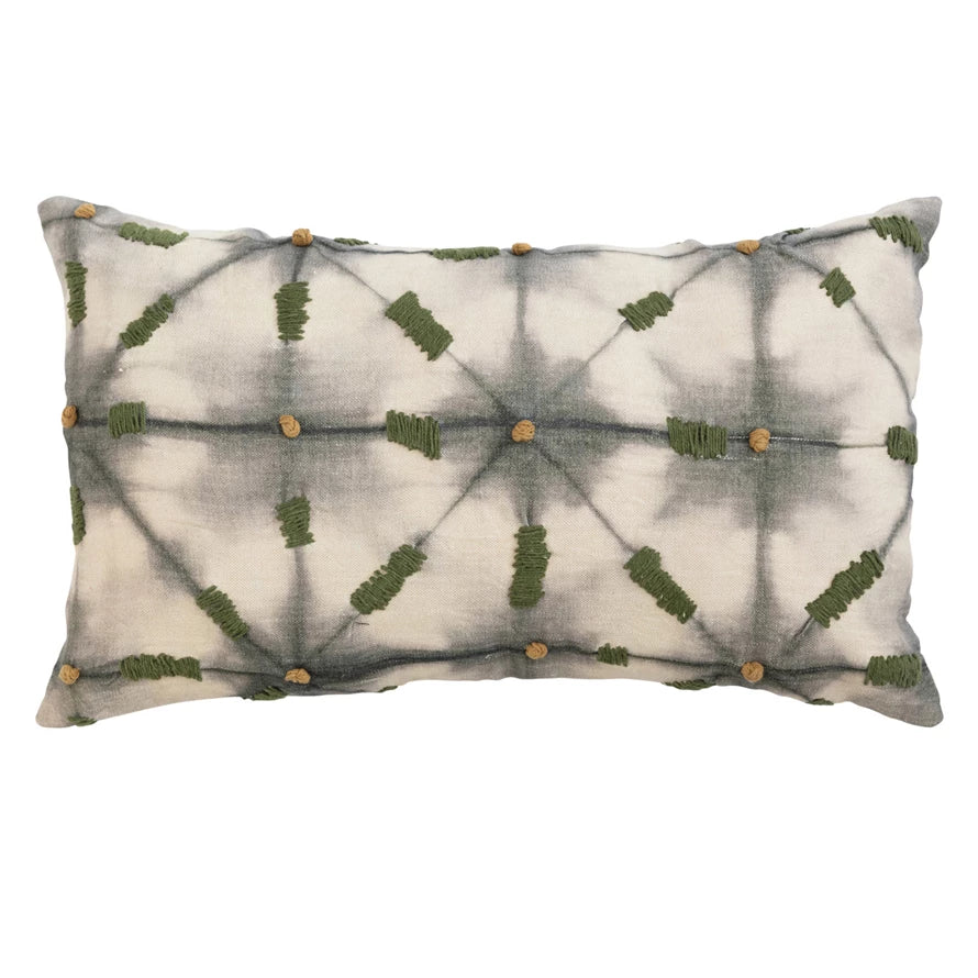 Linen Printed Lumbar Pillow w/ Hand-Embroidery & Chambray Back