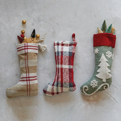 Cotton Knit Stocking w/ Chenille Tree & Snowflakes