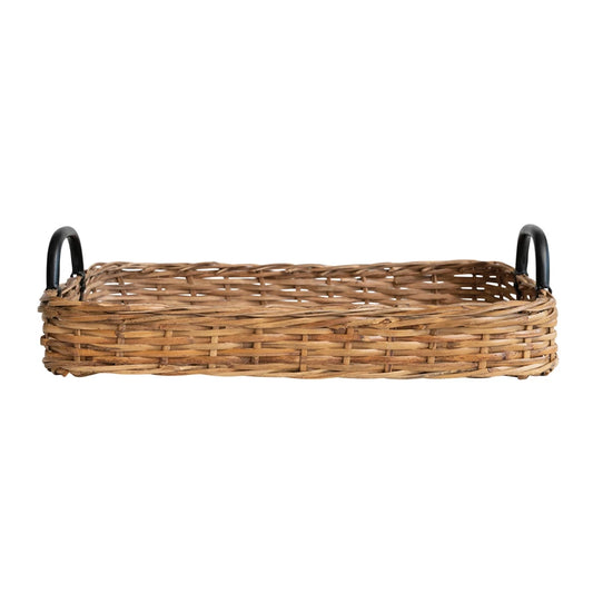 Decorative Hand-Woven Rattan Tray w/ Metal Handles