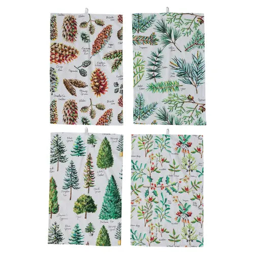 Cotton Slub Printed Tea Towel w/ Evergreen Botanicals & Loop