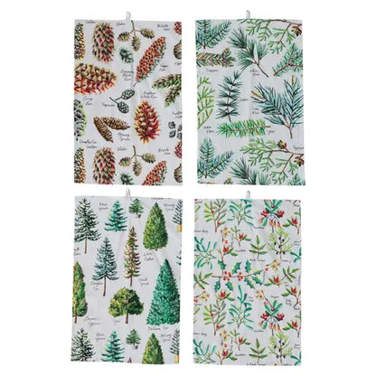 Cotton Slub Printed Tea Towel w/ Evergreen Botanicals & Loop
