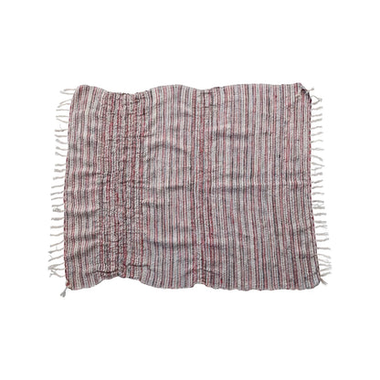 Woven Cotton & Wool Throw w/ Stripes & Fringe