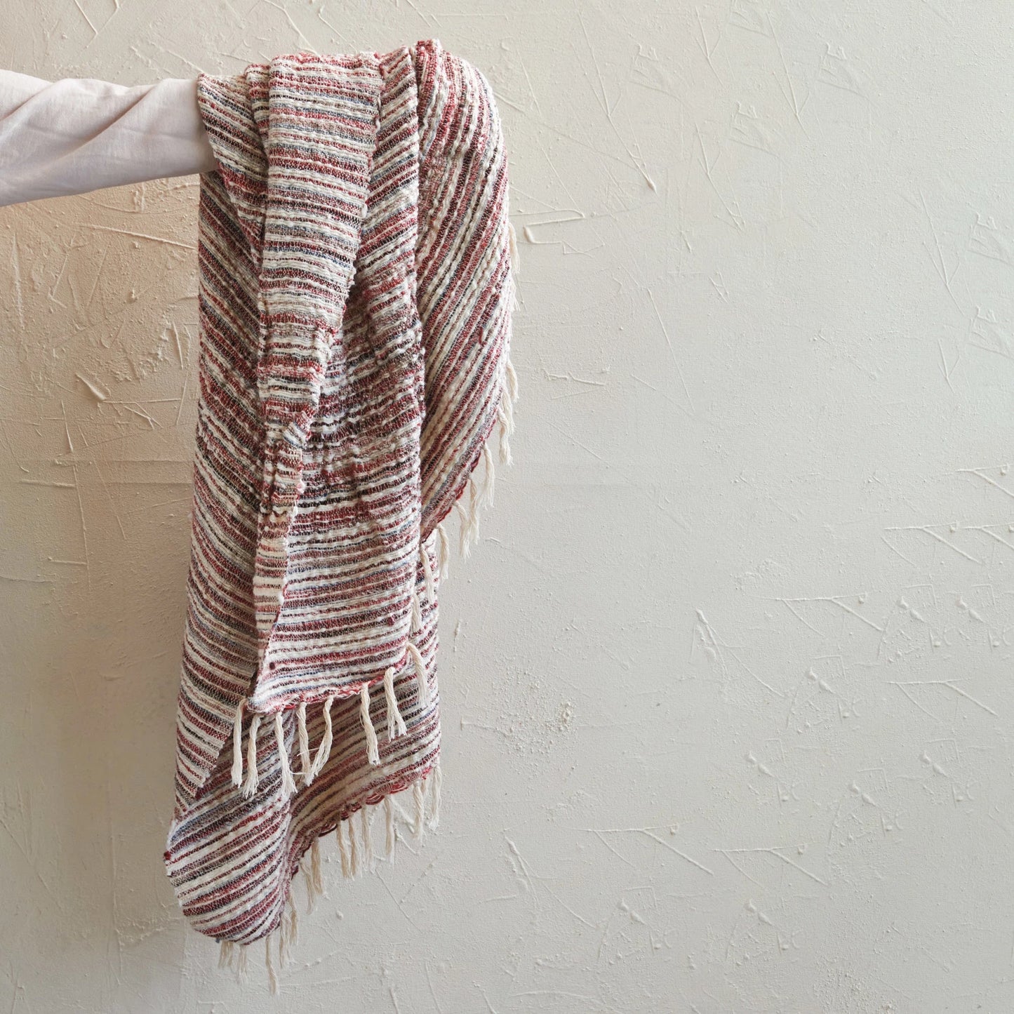 Woven Cotton & Wool Throw w/ Stripes & Fringe