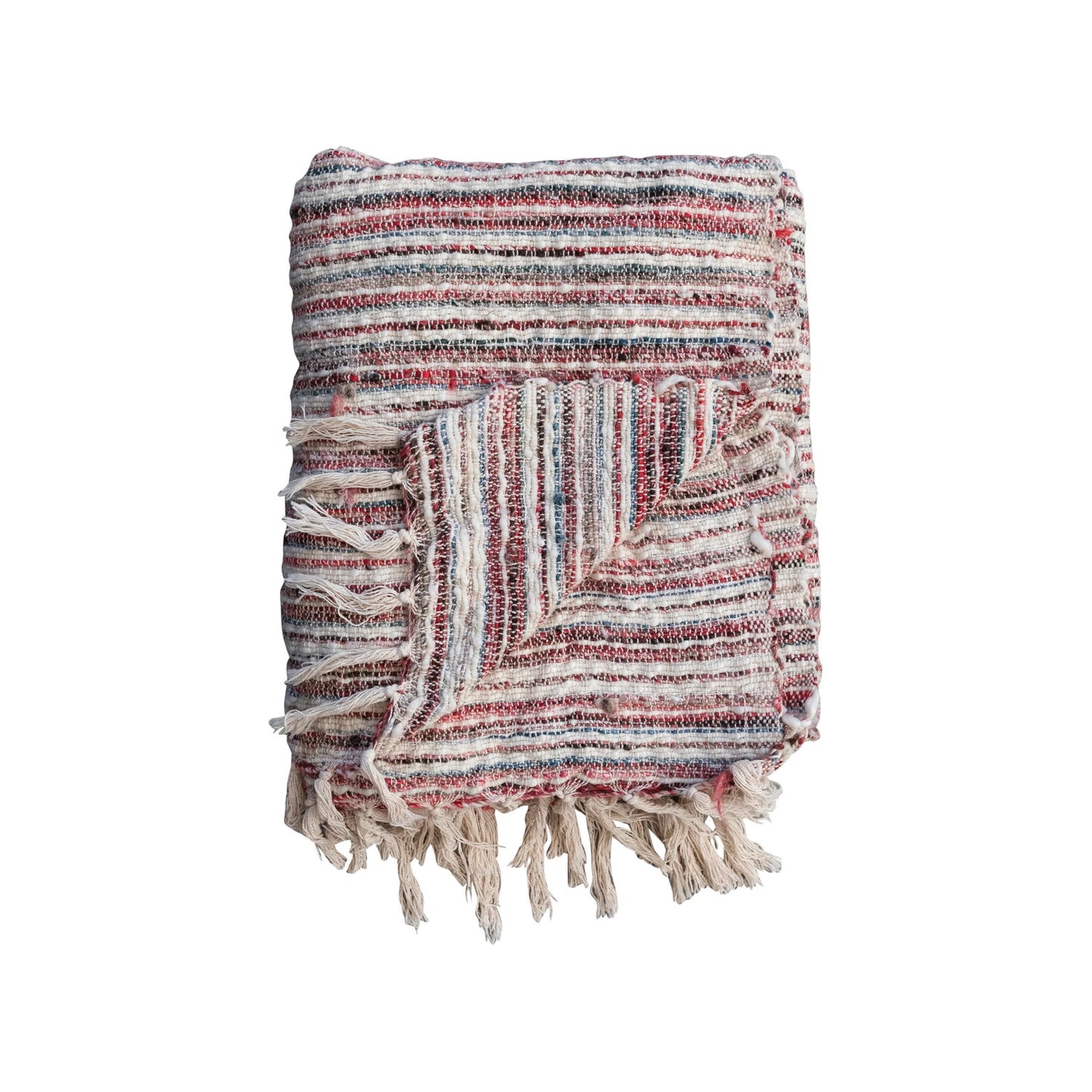 Woven Cotton & Wool Throw w/ Stripes & Fringe