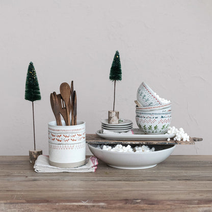 Hand-Stamped Stoneware Footed Bowl