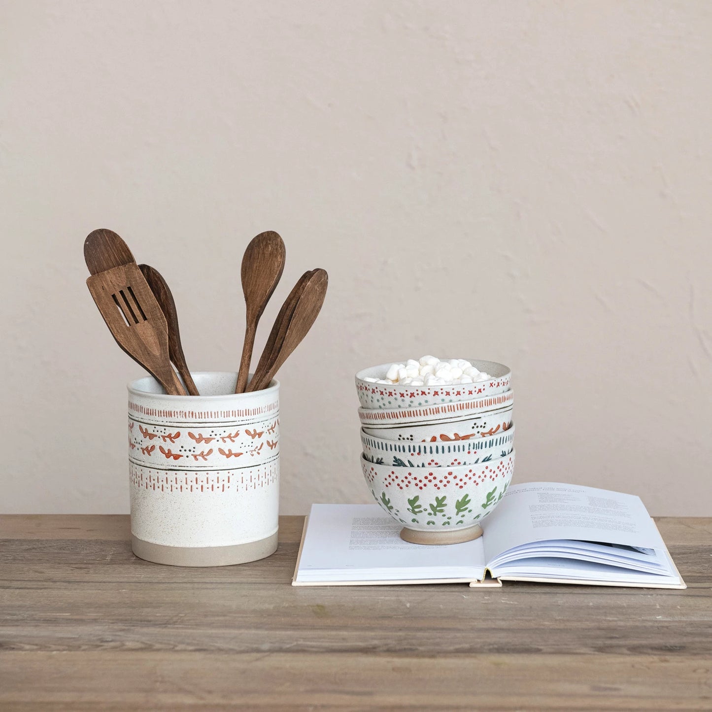 Hand-Stamped Stoneware Footed Bowl