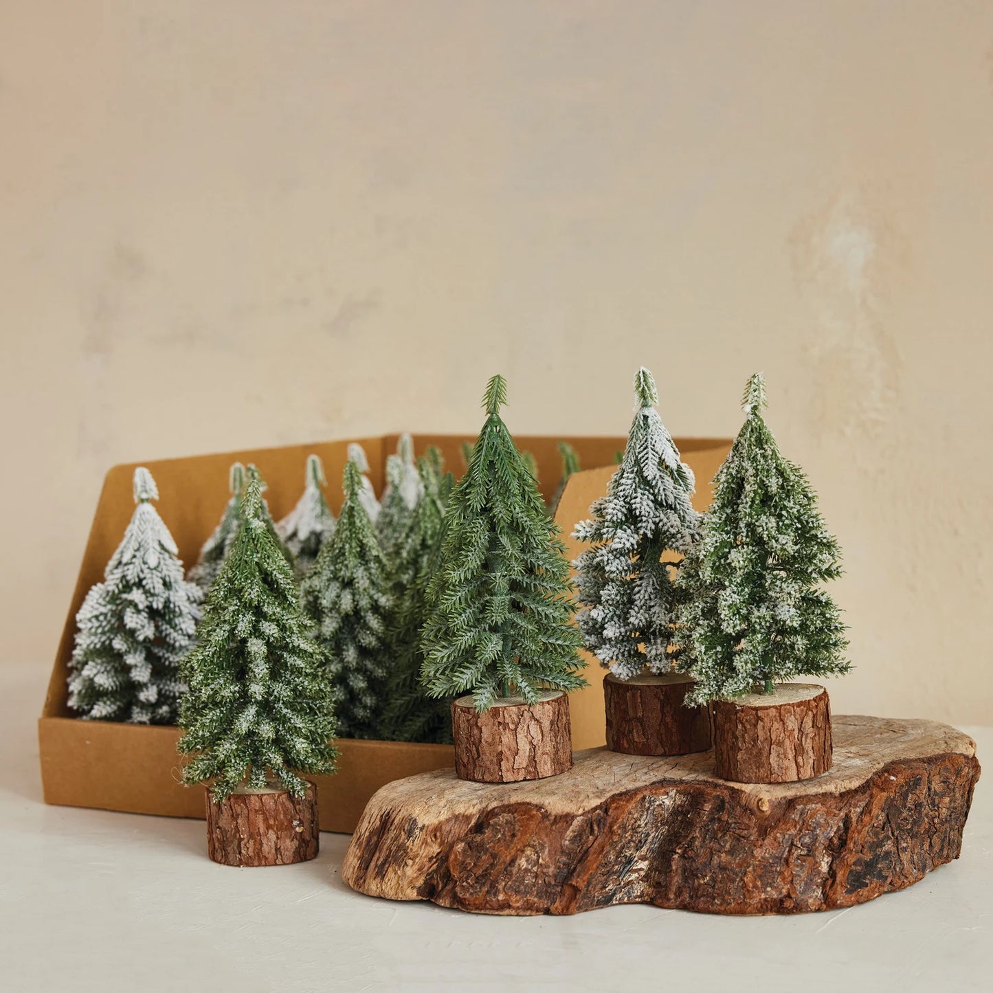 Faux Evergreen Trees with Natural Wood Slice Bases