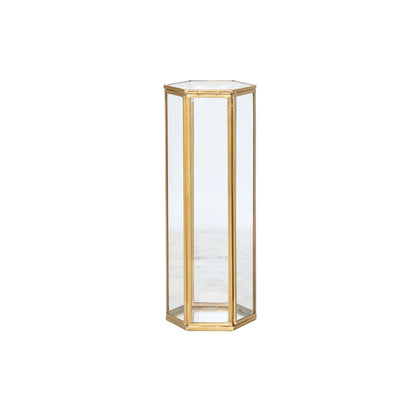 Glass & Brass Hexagonal Container with Mirrored Bottom & Lid