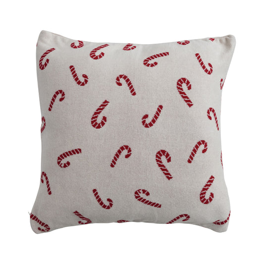 Square Cotton Knit Pillow with Candy Cane Pattern