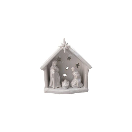 Stoneware Holy Family Tealight Holder with Star Cut-Outs