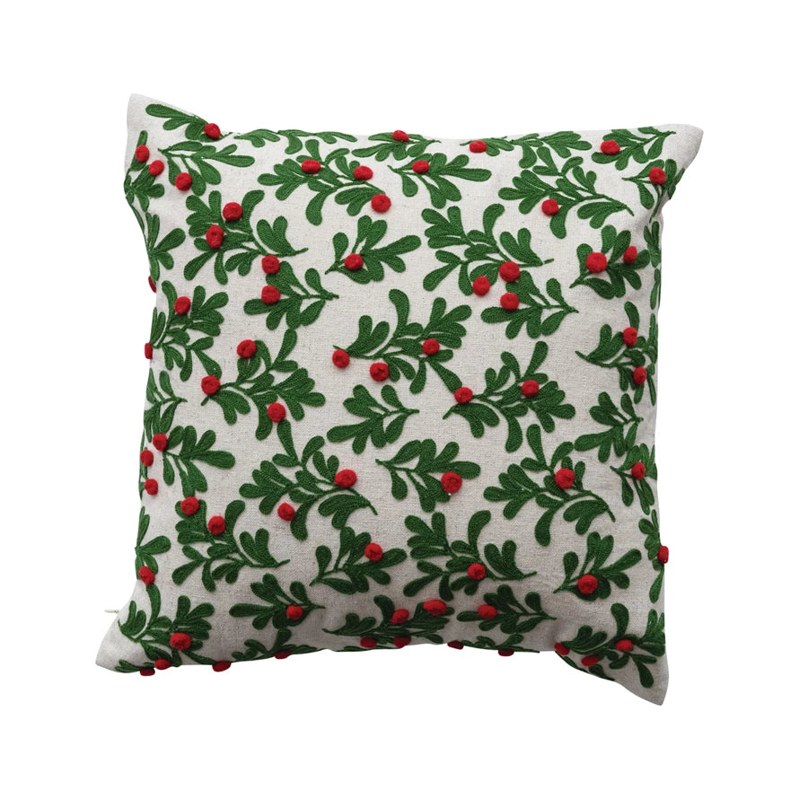 16" Square Cotton & Linen Pillow with Embroidered Mistletoe Pattern