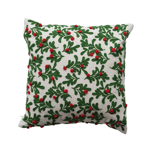 16" Square Cotton & Linen Pillow with Embroidered Mistletoe Pattern