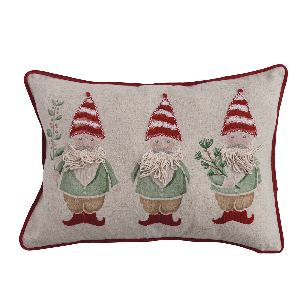 Cotton & Linen Printed Lumbar Pillow with Embroidered Gnomes