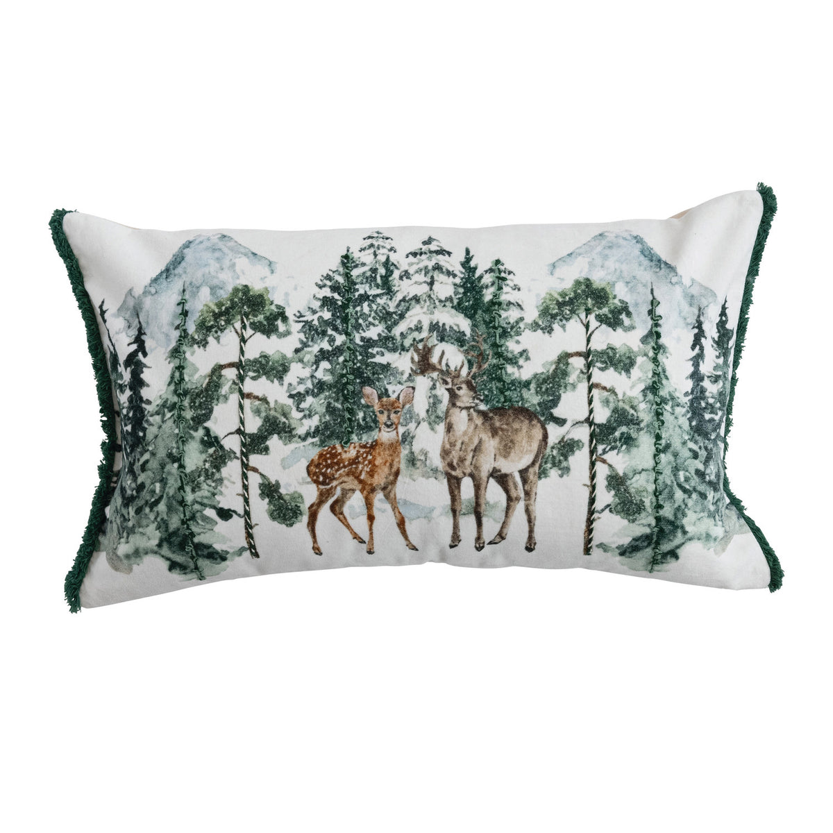 Velvet Lumbar Pillow with Woodland Deer Scene