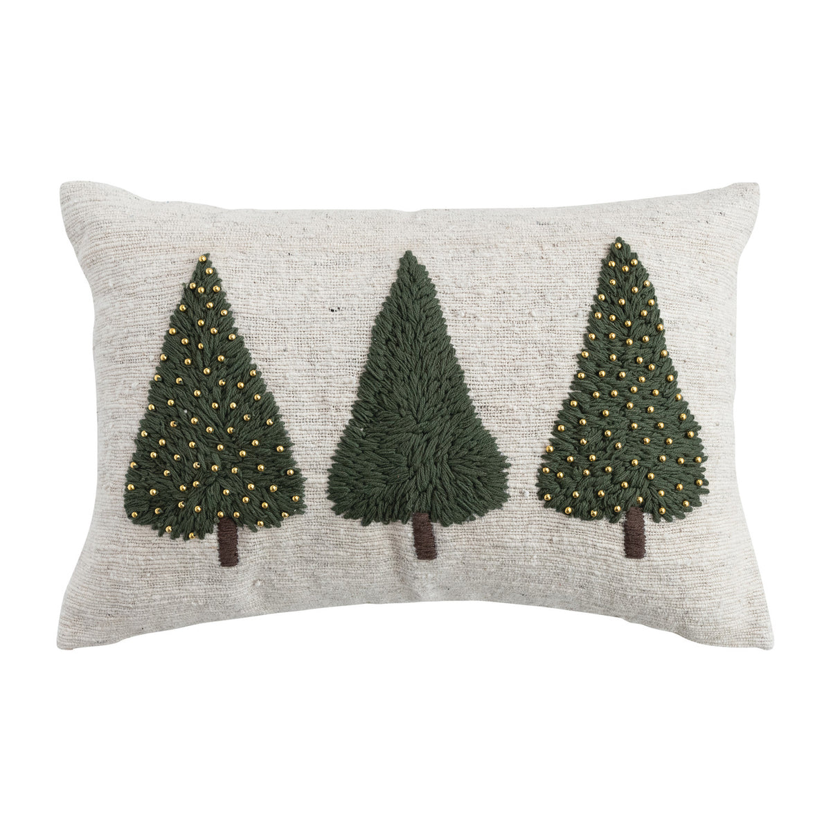 Hand-Woven & Wool Lumbar Pillow with Embroidered Trees & Beads