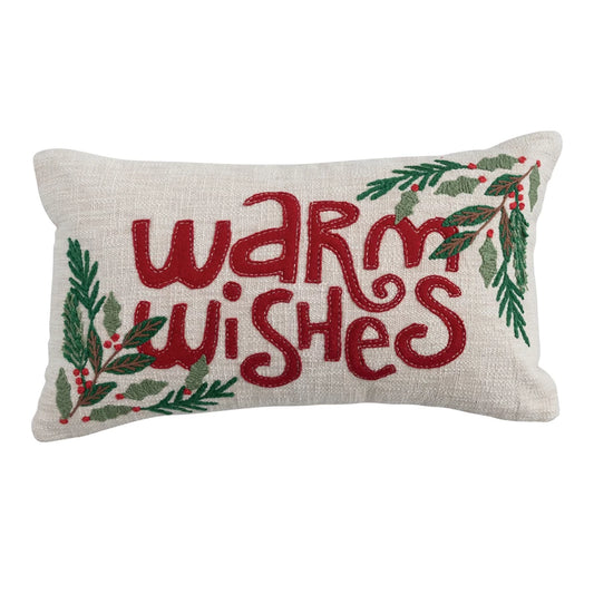 Warm Wishes Lumbar Pillow with Appliqued Holly & Embroidery