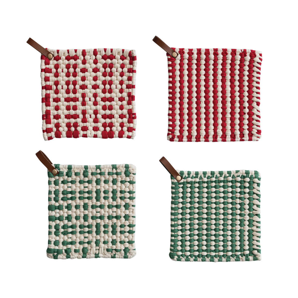 Woven Cotton Tufted Pot Holder with Leather Strap