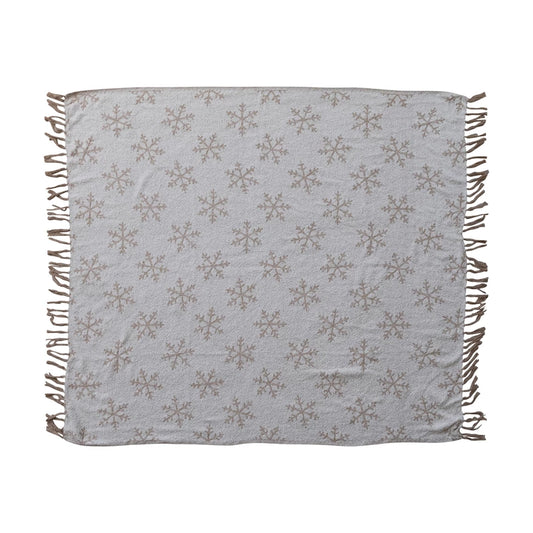 Woven Recycled Fabric Jacquard Throw with Snowflake Pattern & Fringe
