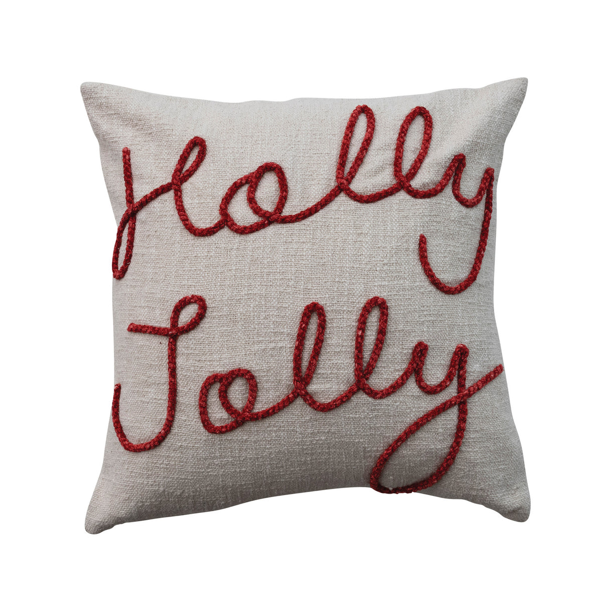 Square Cotton Pillow with Embroidered "Holly Jolly"