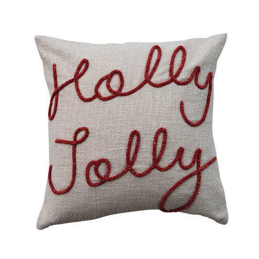 Square Cotton Pillow with Embroidered "Holly Jolly"