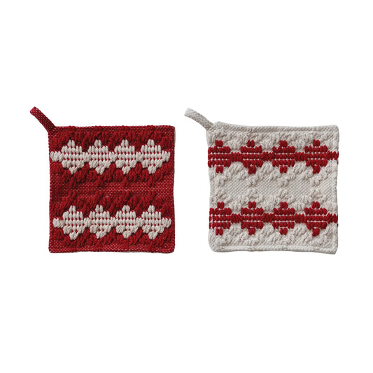 Woven Cotton Tufted Pot Holder with Diamond Pattern