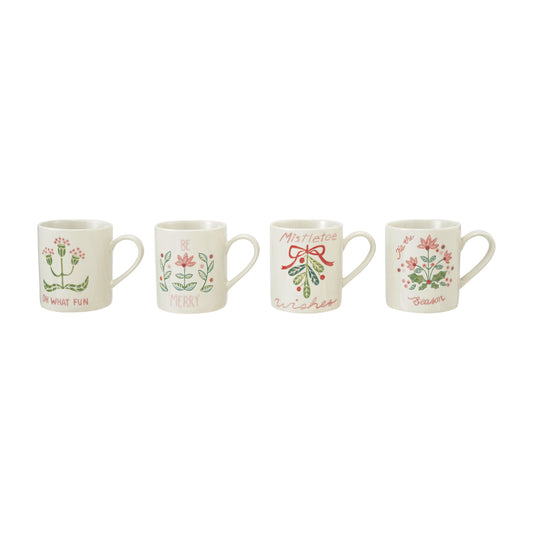 Hand-Painted Stoneware Mug with Wax Relief Holiday Botanicals & Saying