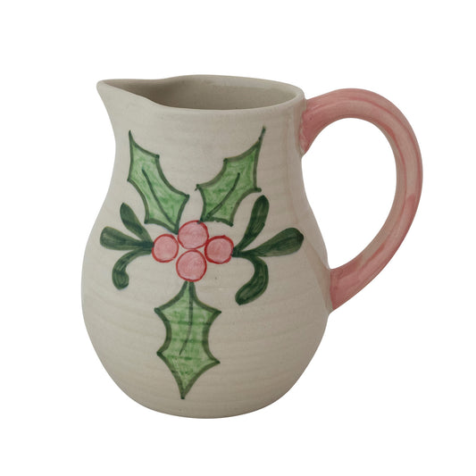 1-3/4 Quart Hand-Painted Stoneware Ribbed Pitcher with Colored Handle