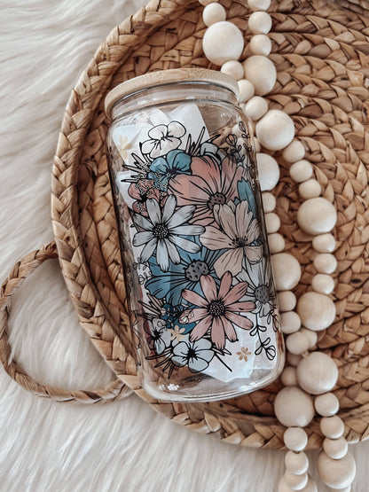 Retro Floral Glass Cup with Bamboo Lid